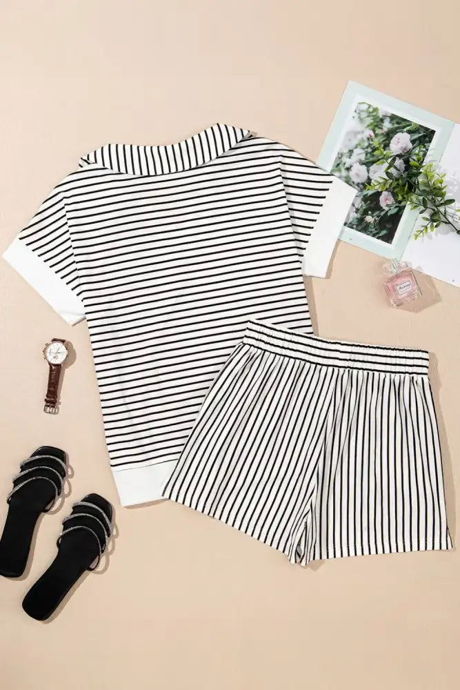 Stripe V Neck Tee and Casual Shorts Set