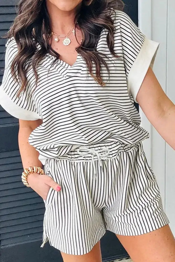 Stripe V Neck Tee and Casual Shorts Set