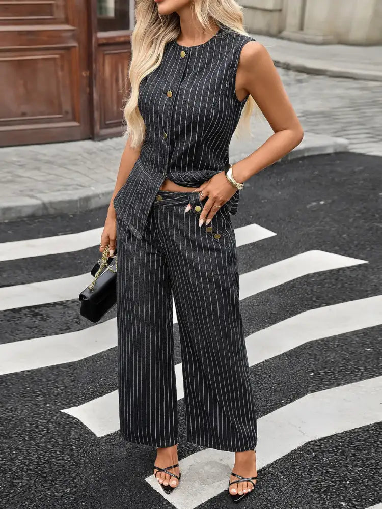 Striped Button Down Tank and Pants Denim Set