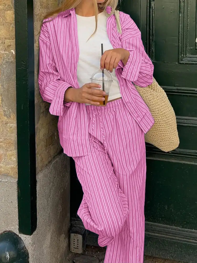 Striped Button Up Shirt and Pants Set