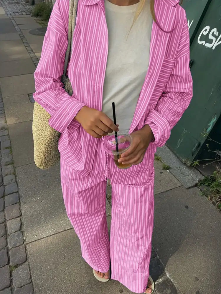 Striped Button Up Shirt and Pants Set