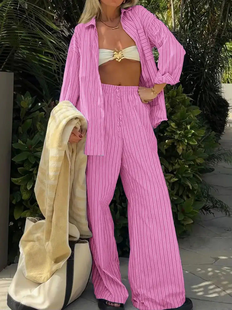 Striped Button Up Shirt and Pants Set