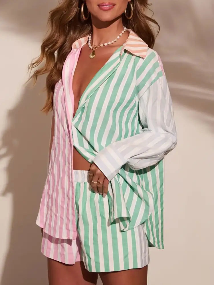 Striped Button Up Shirt and Shorts Set