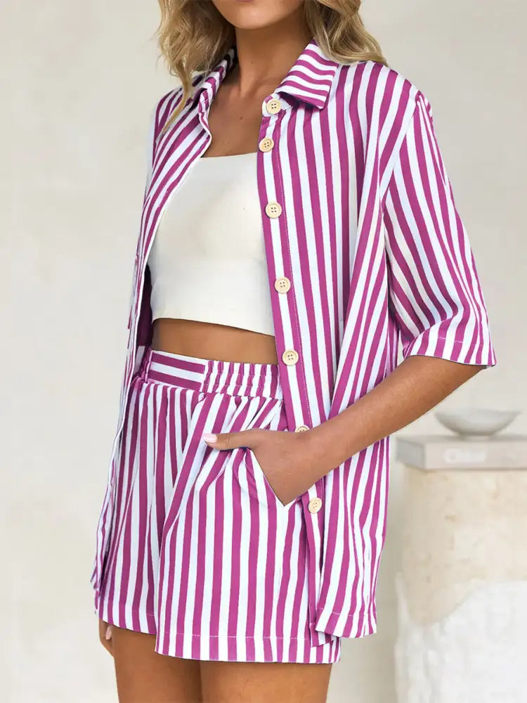 Striped Button Up Shirt and Shorts Set
