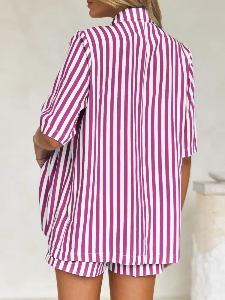 Striped Button Up Shirt and Shorts Set