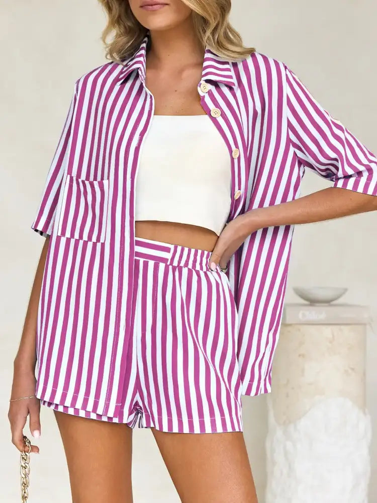 Striped Button Up Shirt and Shorts Set