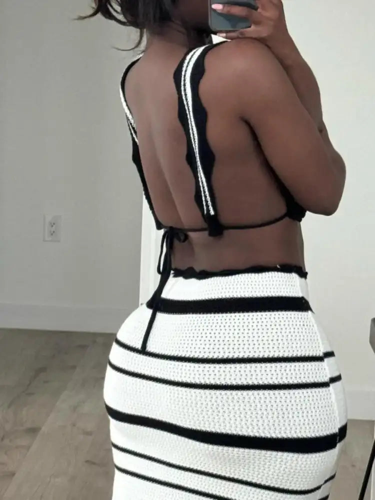 Striped Cami and Midi Skirt Sweater Set