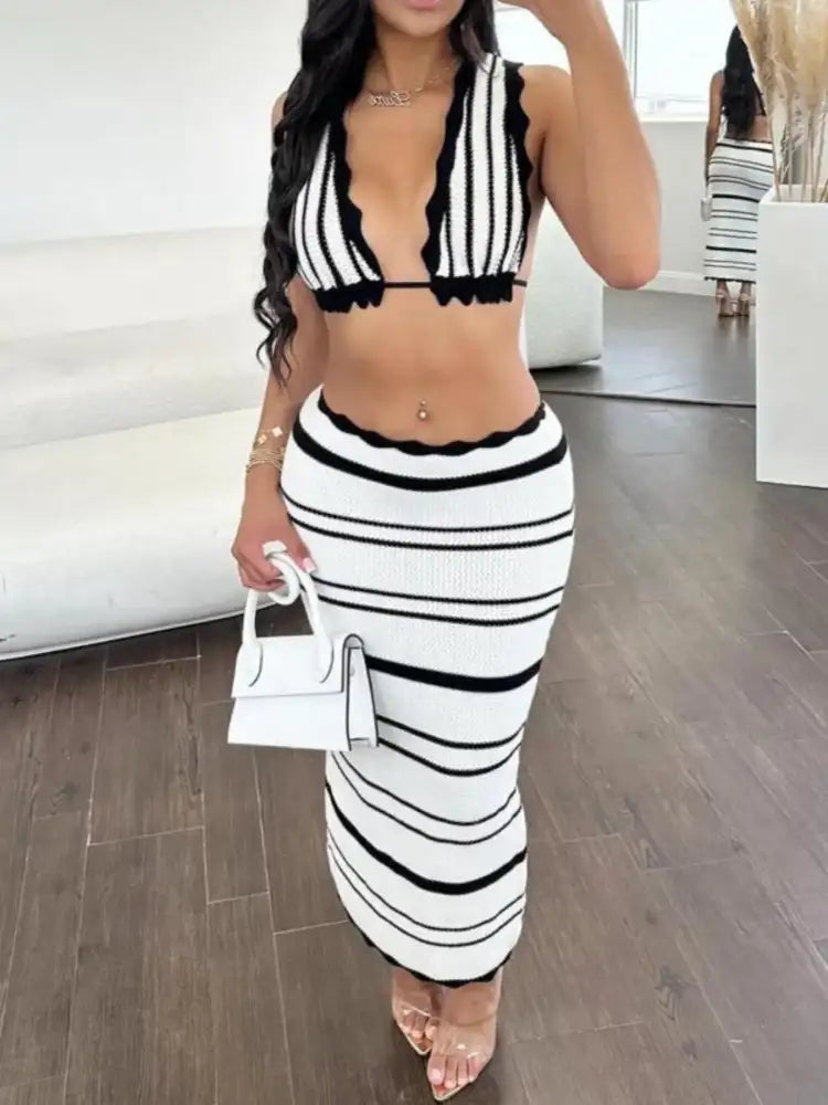 Striped Cami and Midi Skirt Sweater Set