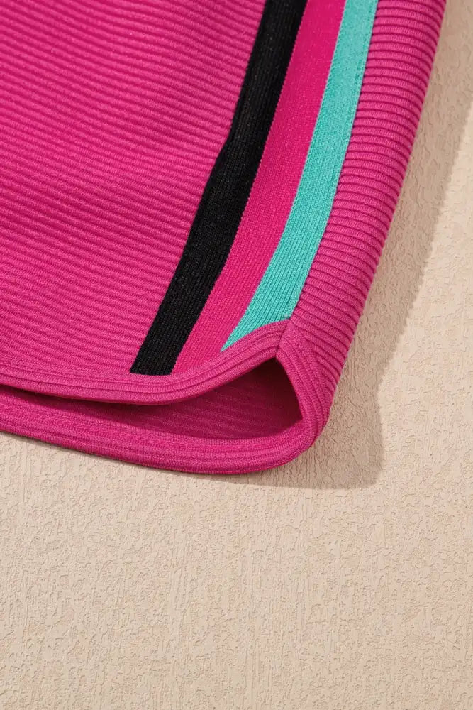 Striped Detail Flutter Sleeve Zipped Collar Top and Short Set