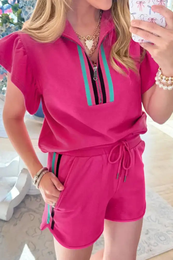 Striped Detail Flutter Sleeve Zipped Collar Top and Short Set