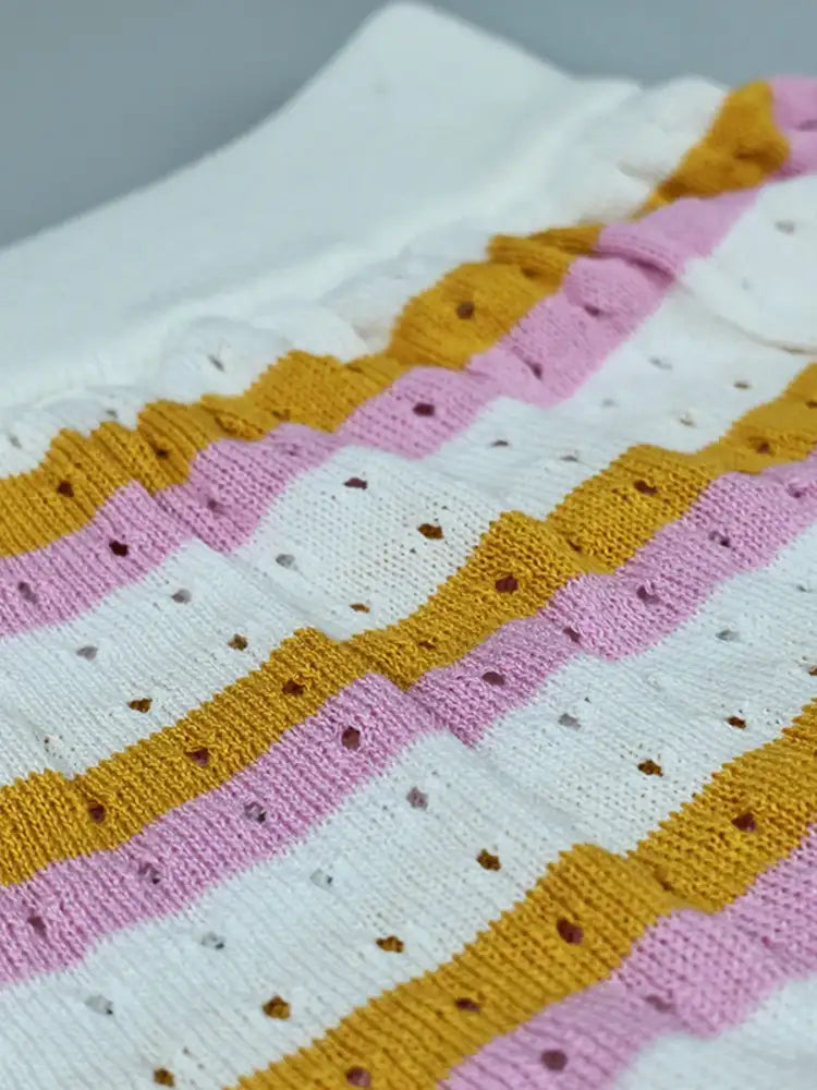 Striped Eyelet Button Up Shirt and Shorts Set