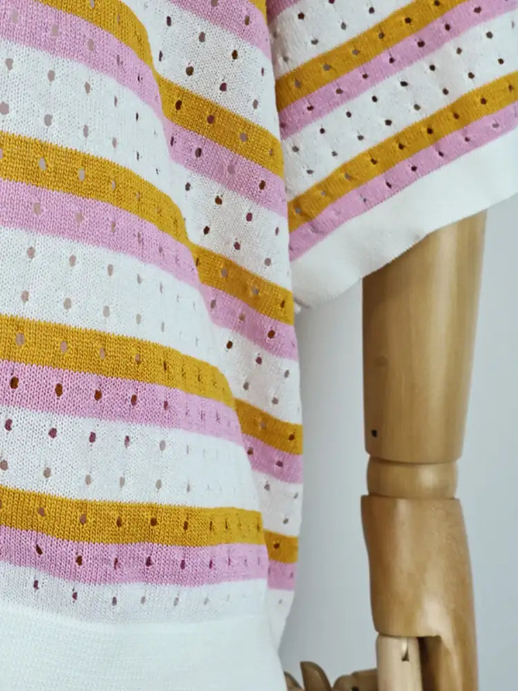 Striped Eyelet Button Up Shirt and Shorts Set