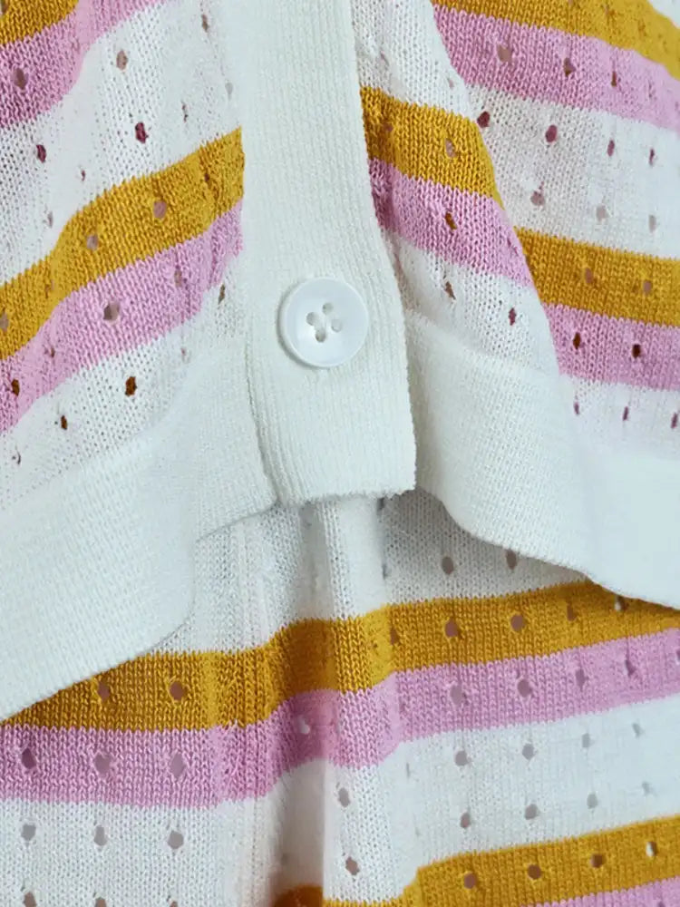 Striped Eyelet Button Up Shirt and Shorts Set