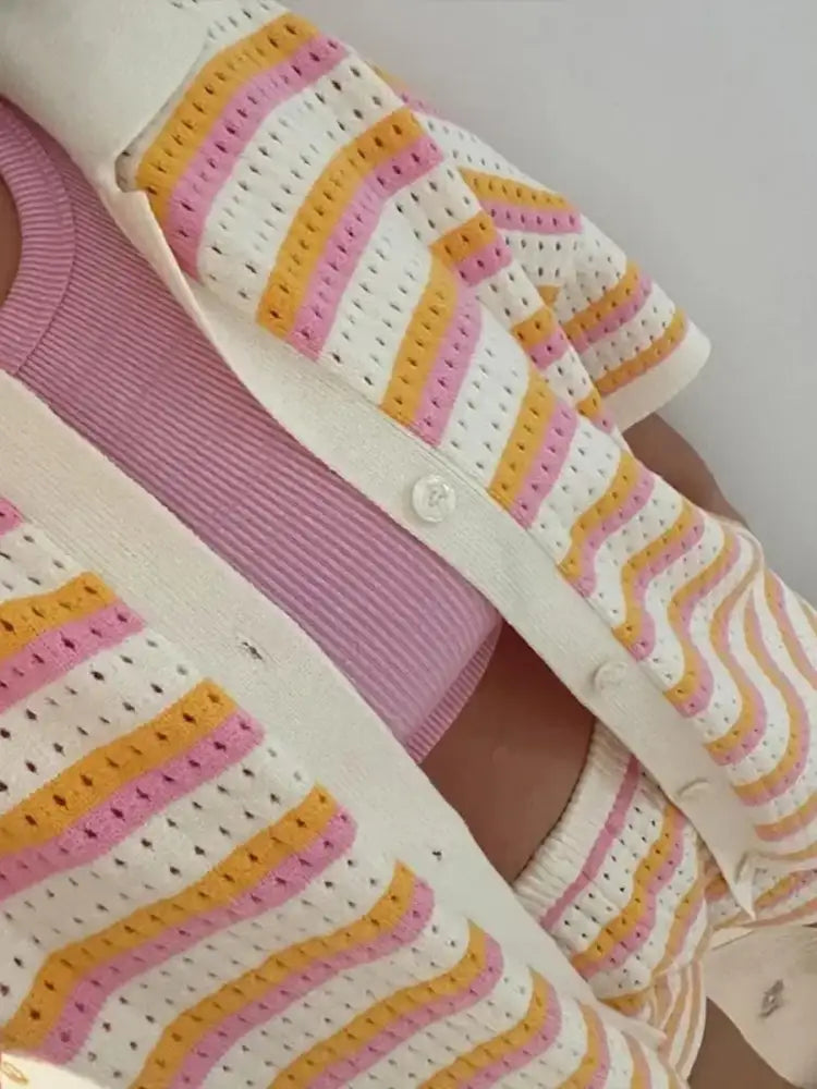 Striped Eyelet Button Up Shirt and Shorts Set