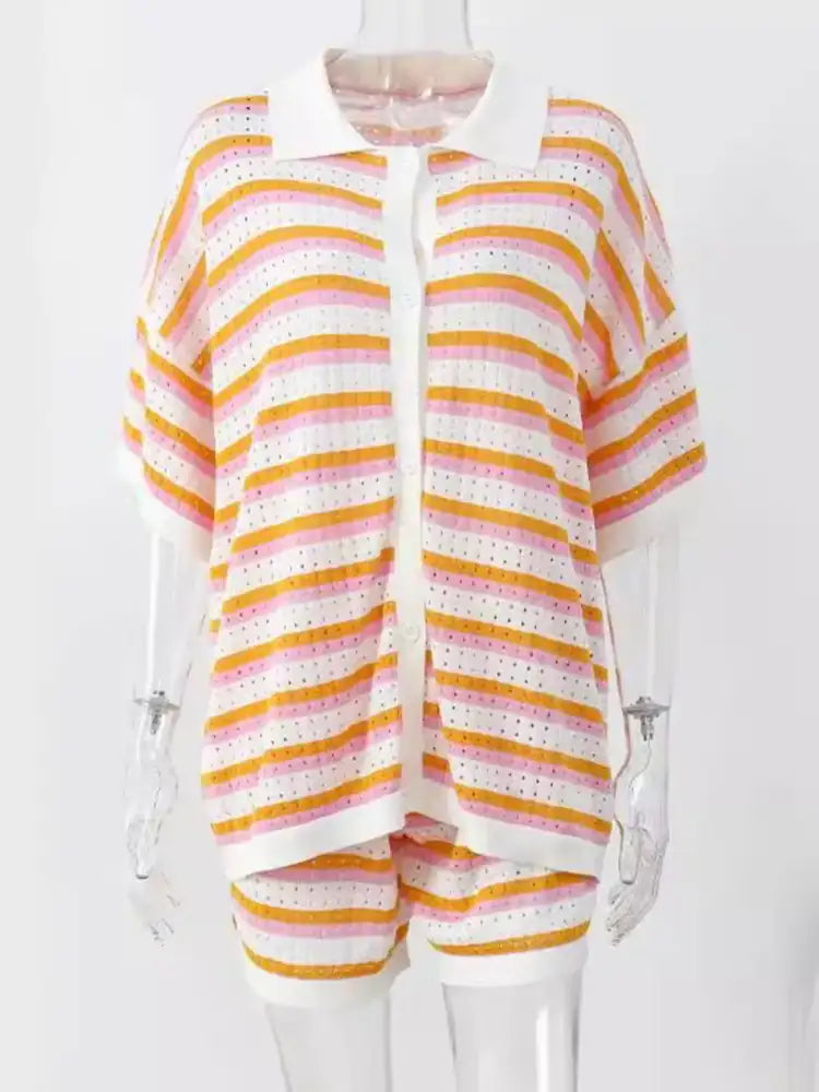 Striped Eyelet Button Up Shirt and Shorts Set