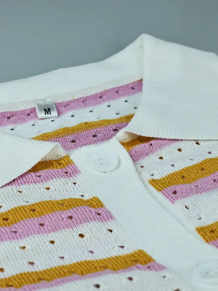 Striped Eyelet Button Up Shirt and Shorts Set