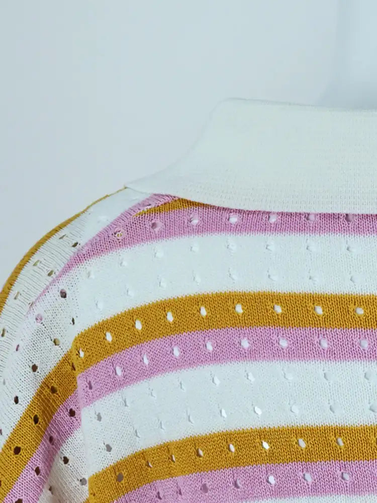 Striped Eyelet Button Up Shirt and Shorts Set