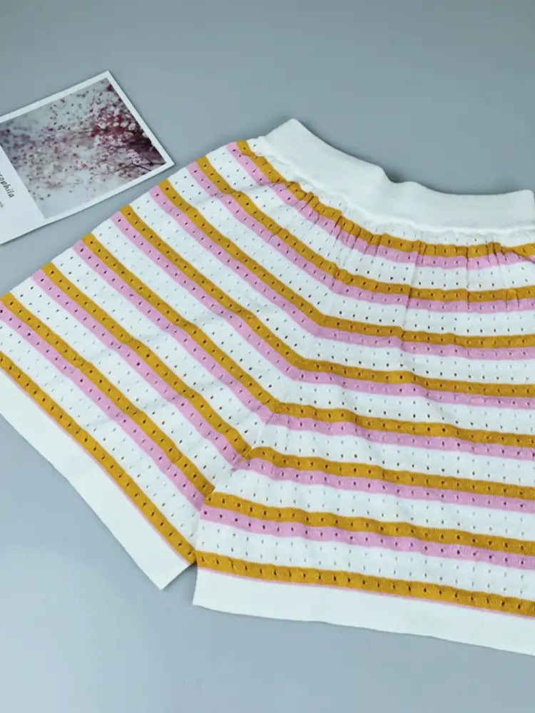 Striped Eyelet Button Up Shirt and Shorts Set