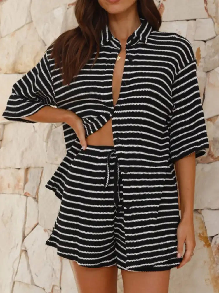 Striped Half Sleeve Top and Shorts Set