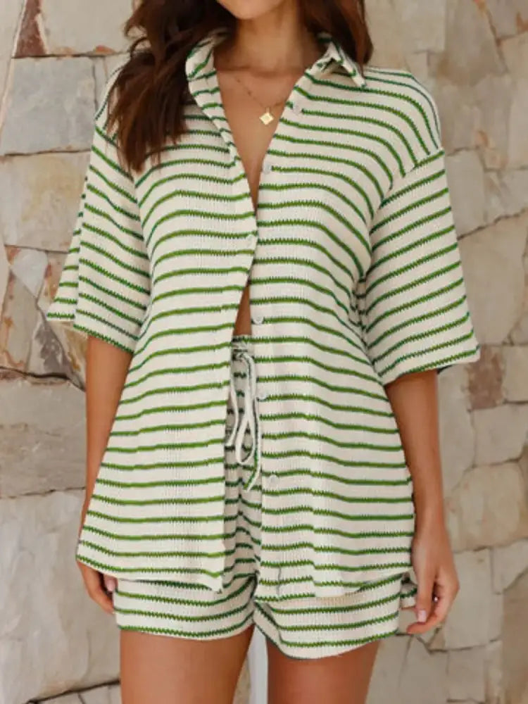 Striped Half Sleeve Top and Shorts Set