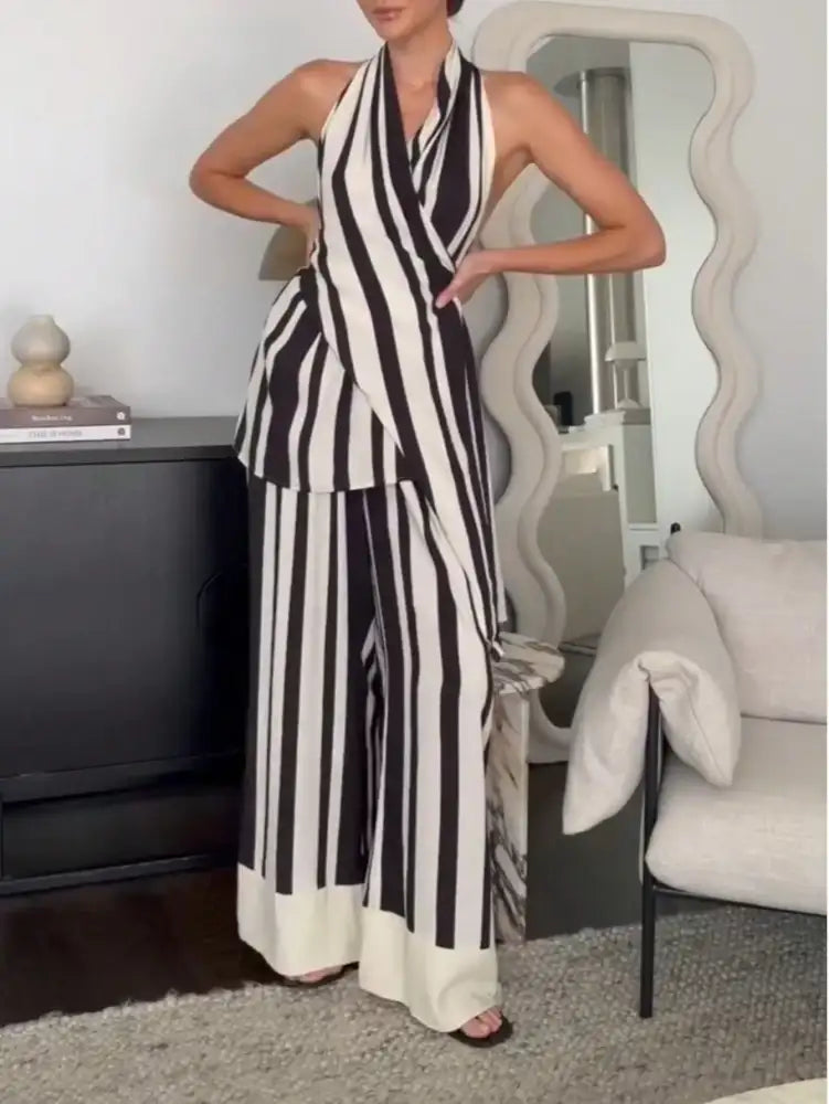 Striped Halter Neck Top and Pants Two-Piece Set