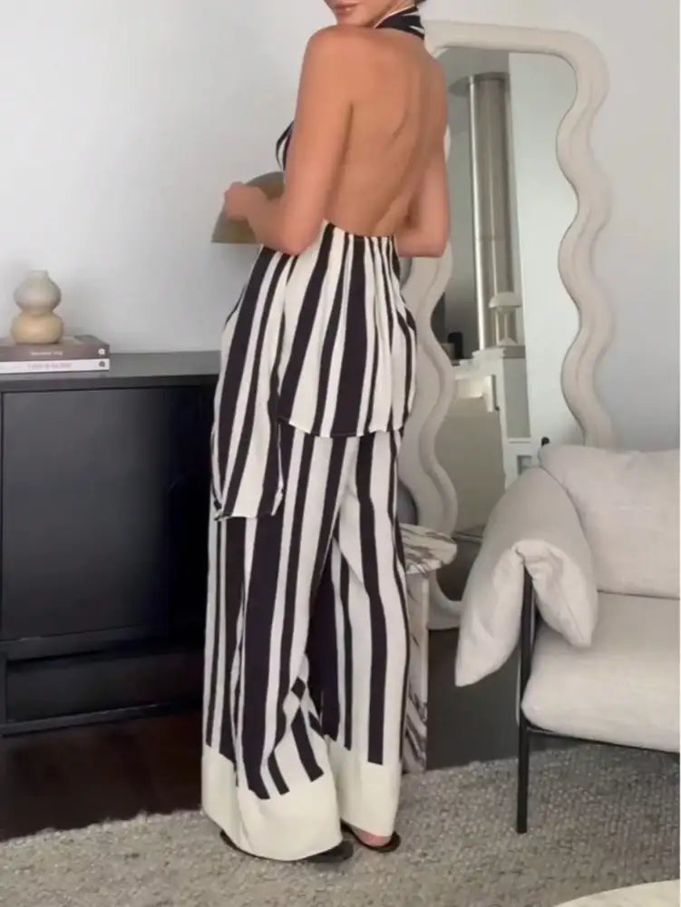 Striped Halter Neck Top and Pants Two-Piece Set