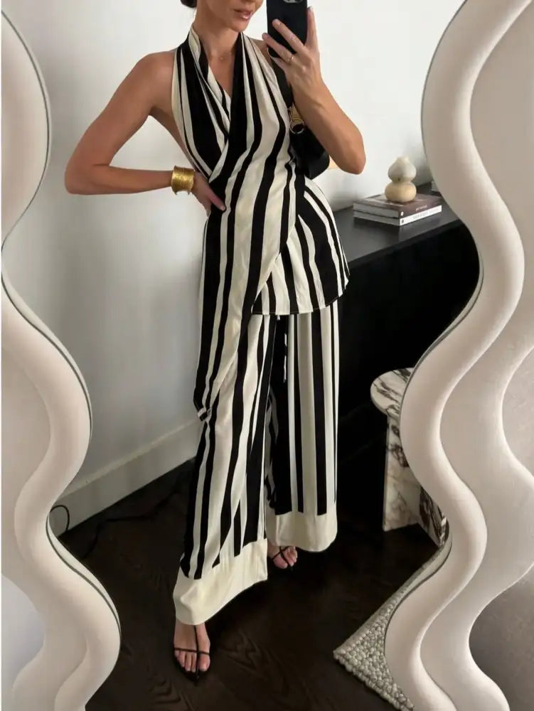 Striped Halter Neck Top and Pants Two-Piece Set