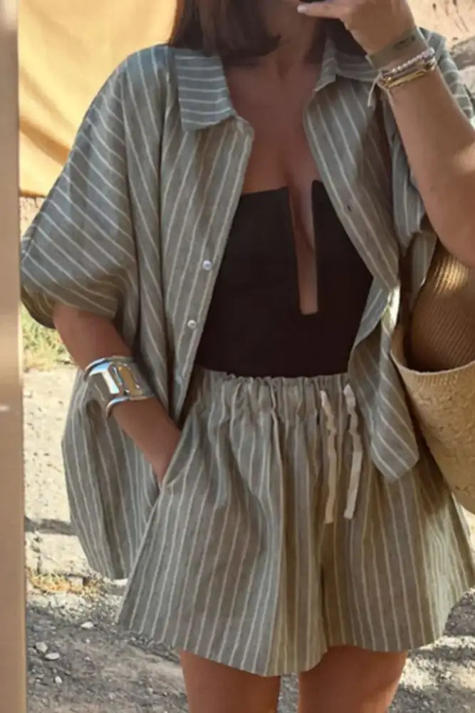 Striped Linen Shirt and Shorts Two-Piece Summer Set