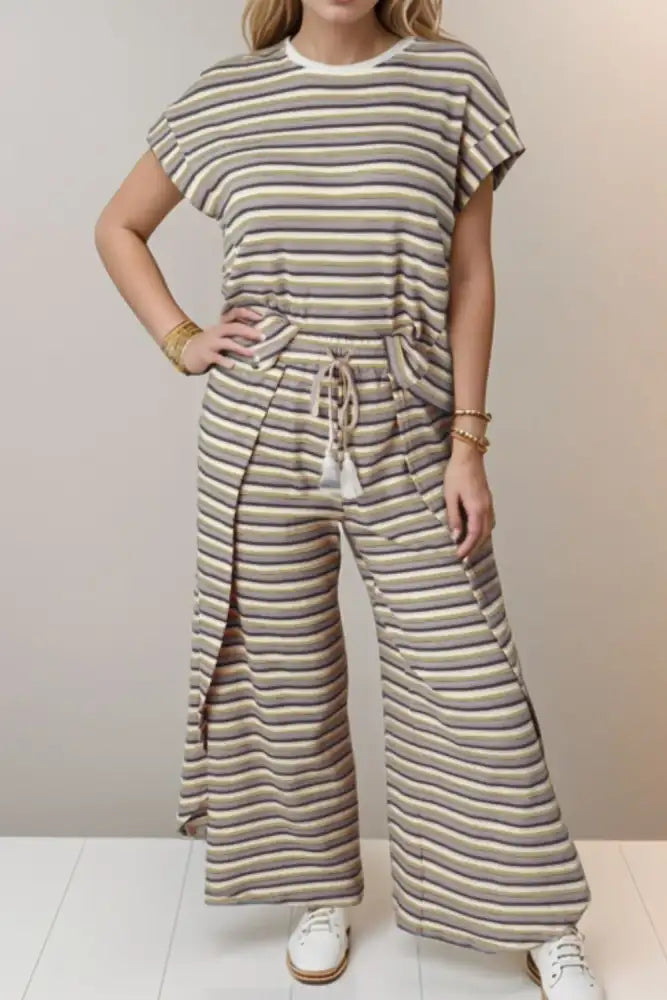 Striped Round Neck Short Sleeve Top and Pants Set