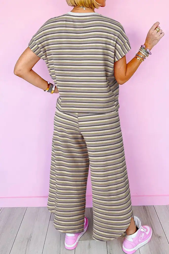 Striped Round Neck Short Sleeve Top and Pants Set