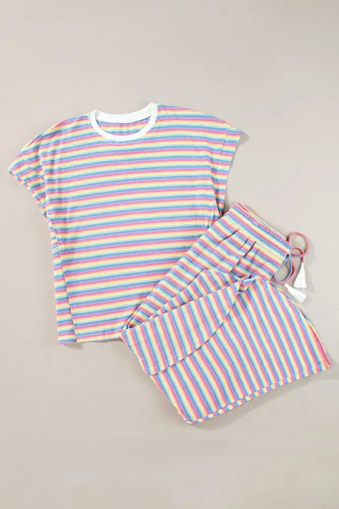 Striped Round Neck Short Sleeve Top and Pants Set