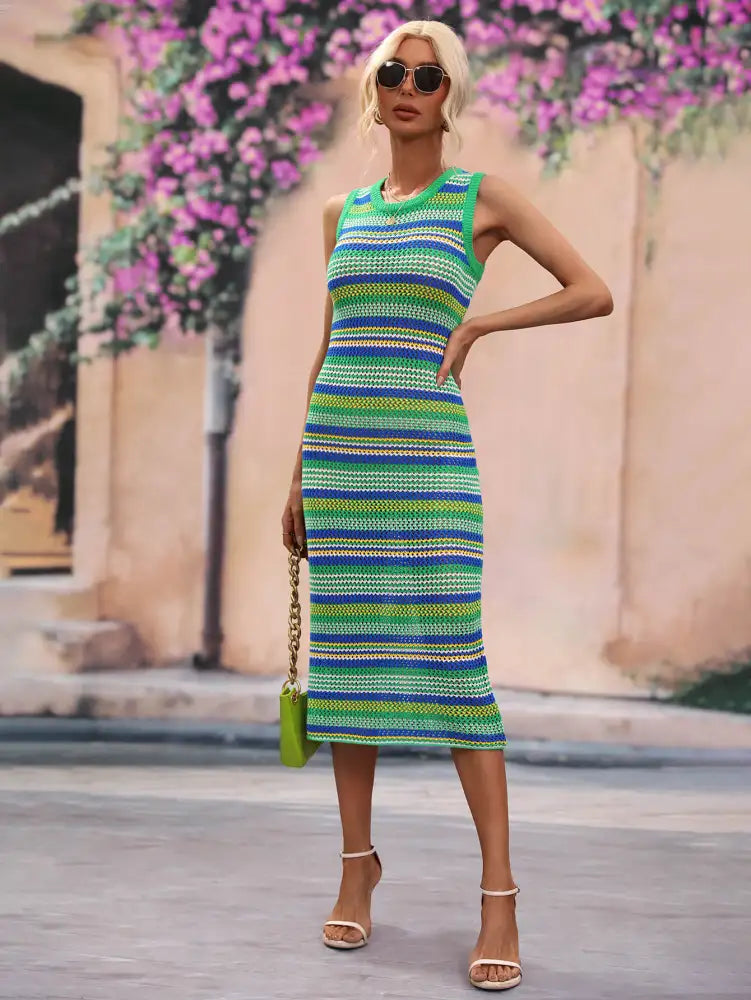 Striped Round Neck Sleeveless Midi Cover Up Dress