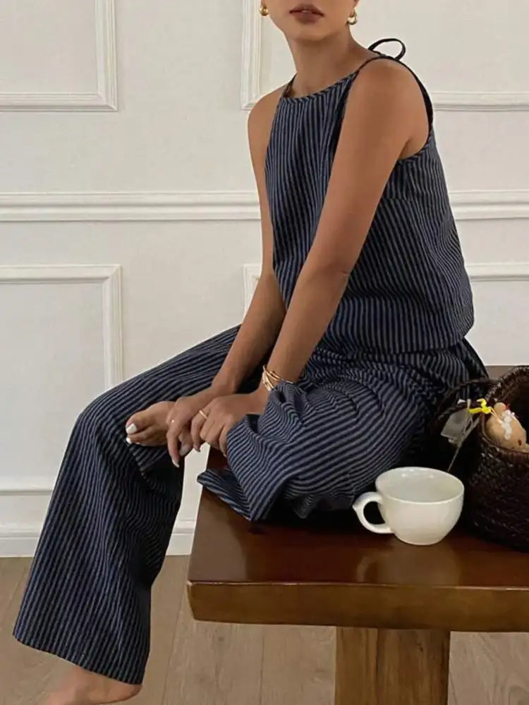 Striped Round Neck Tank and Wide Leg Pants Set