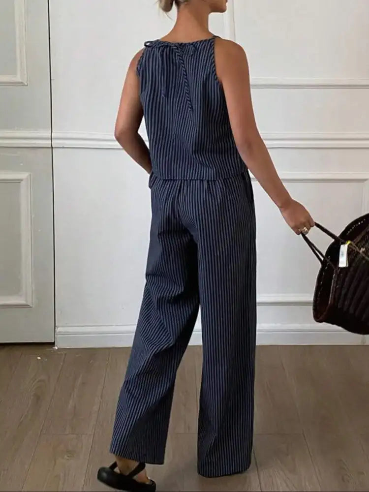 Striped Round Neck Tank and Wide Leg Pants Set