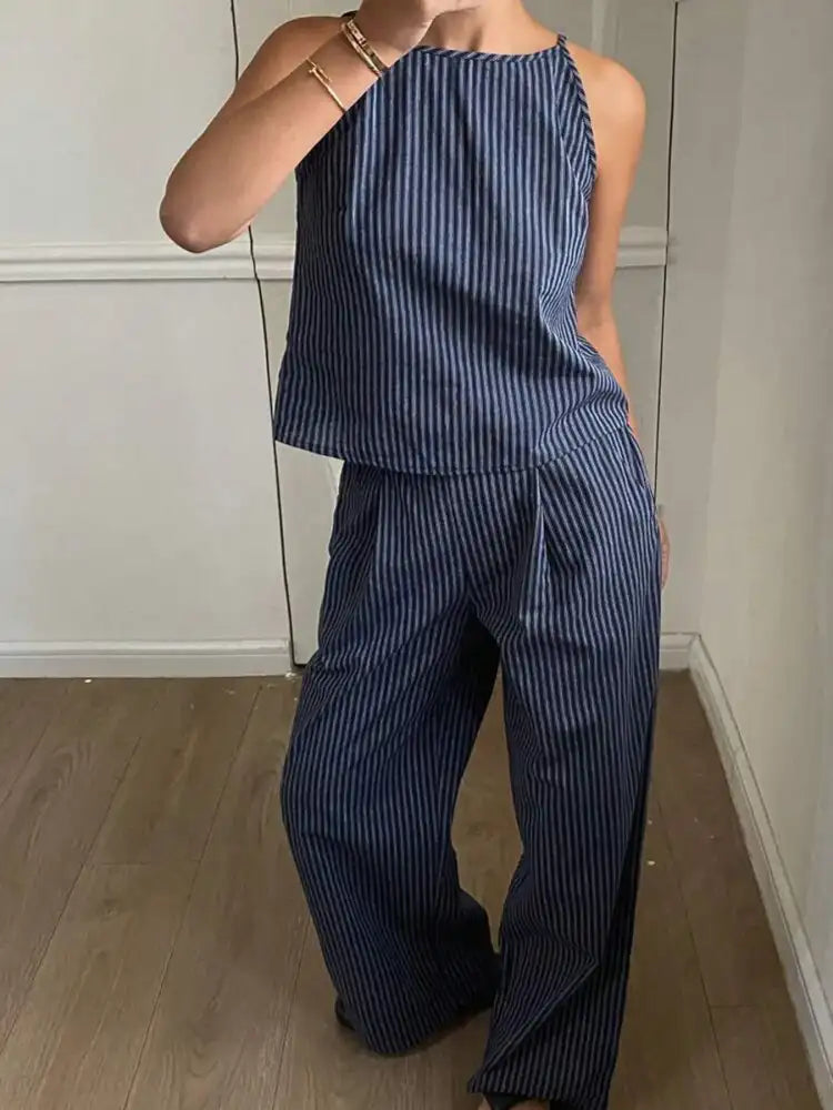 Striped Round Neck Tank and Wide Leg Pants Set