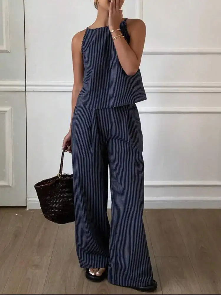 Striped Round Neck Tank and Wide Leg Pants Set