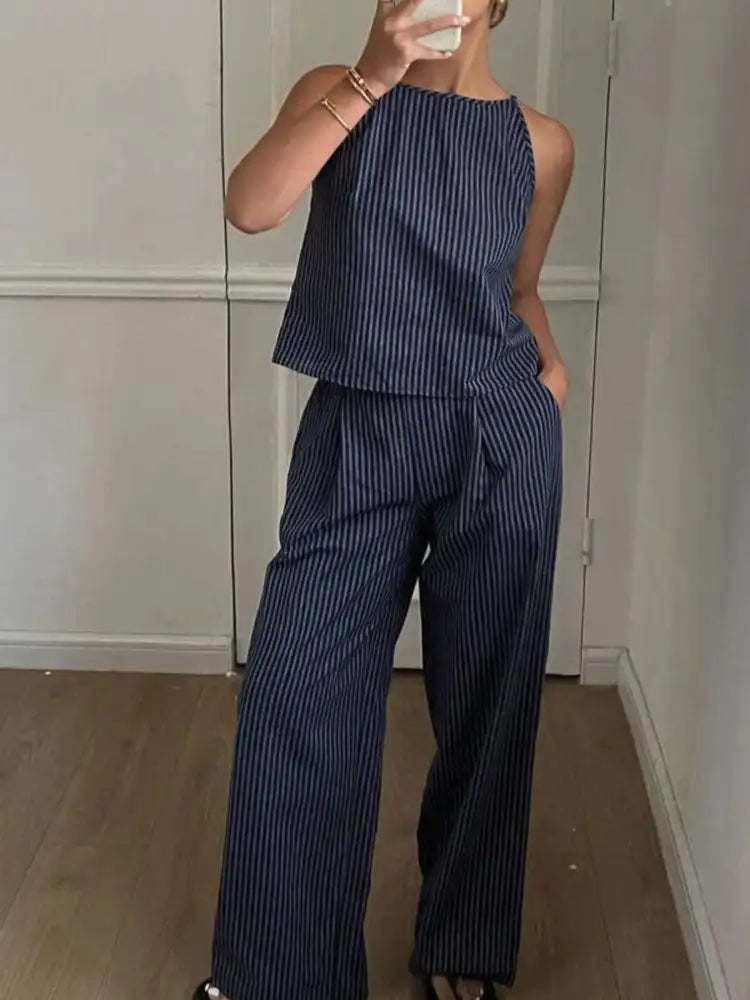 Striped Round Neck Tank and Wide Leg Pants Set