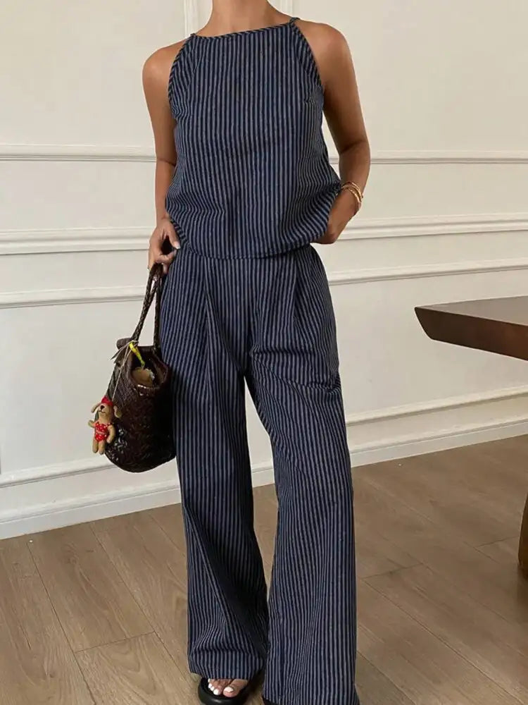 Striped Round Neck Tank and Wide Leg Pants Set