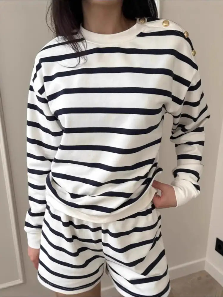 Striped Round Neck Top and Shorts Set