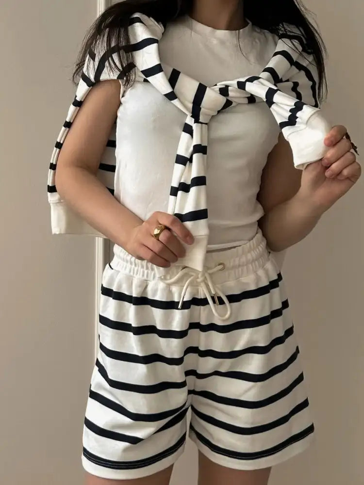 Striped Round Neck Top and Shorts Set