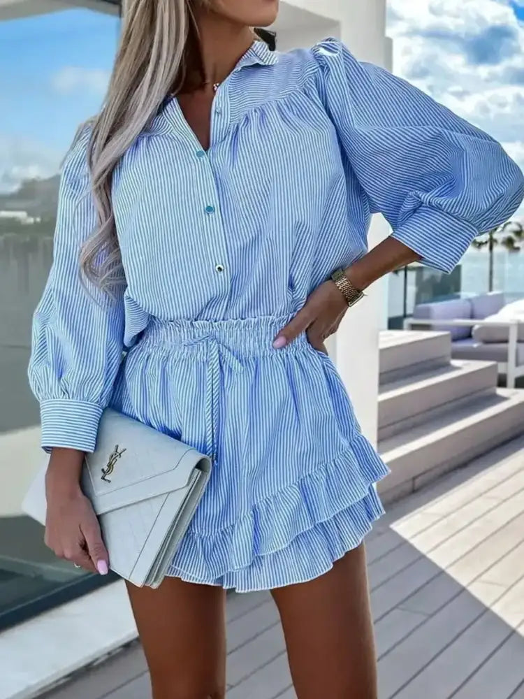 Striped Shirt and Skirt Set with Ruffle Details