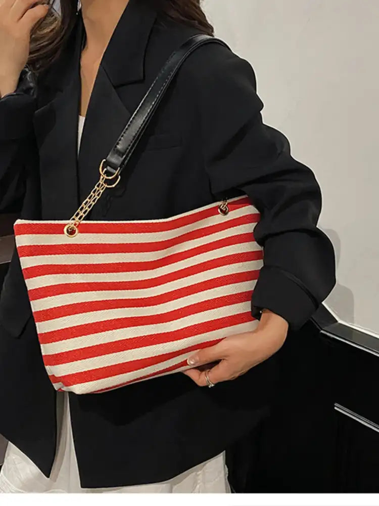 Striped Shoulder Bag with Chain Detail