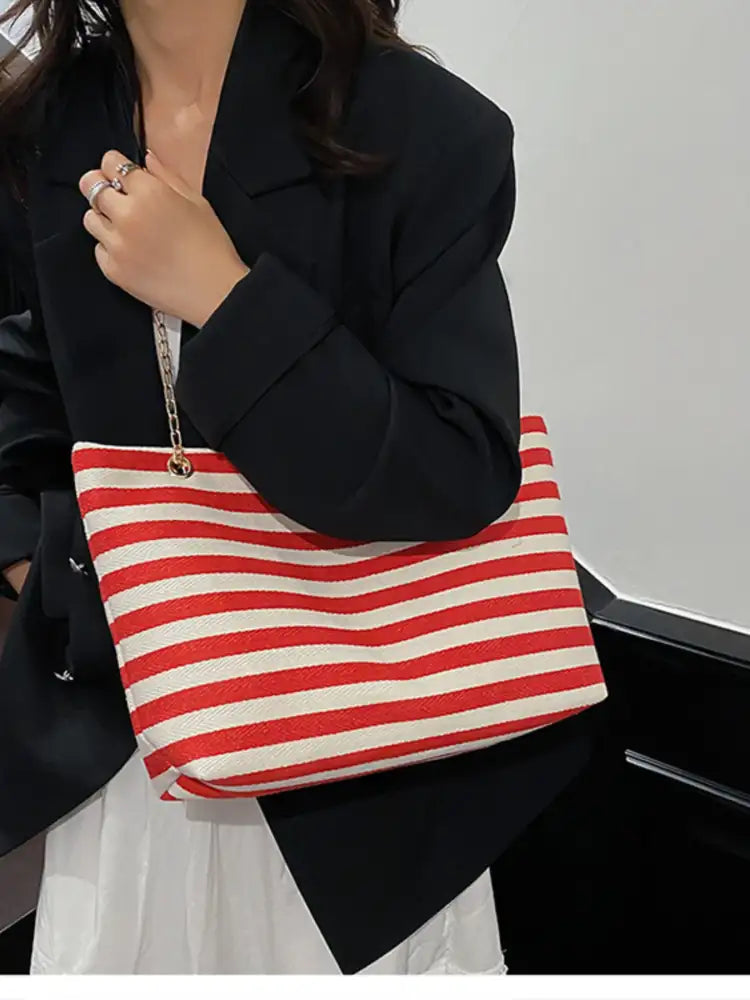 Striped Shoulder Bag with Chain Detail