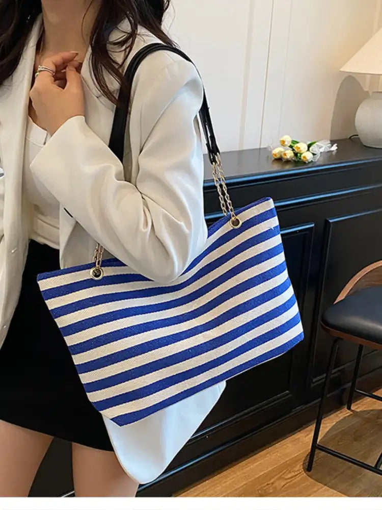 Striped Shoulder Bag with Chain Detail