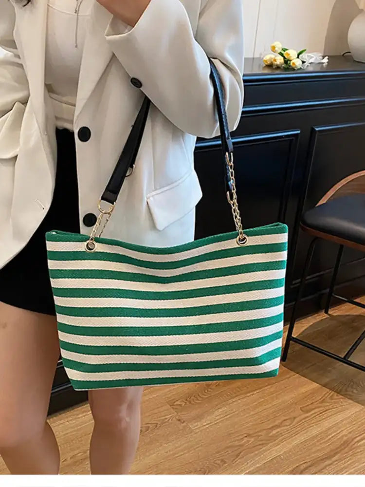 Striped Shoulder Bag with Chain Detail