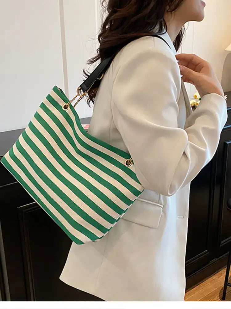 Striped Shoulder Bag with Chain Detail