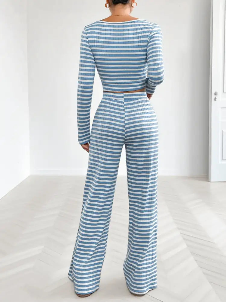 Striped Square Neck Long Sleeve Top and Pants Lounge Set