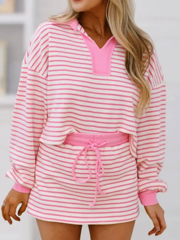 Striped Top and Skirt Set with Drawstring