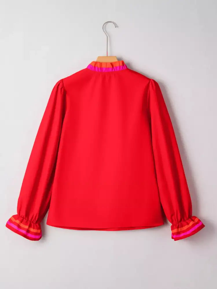 Striped Trim Ruffle Split Neck Long Sleeve Blouse