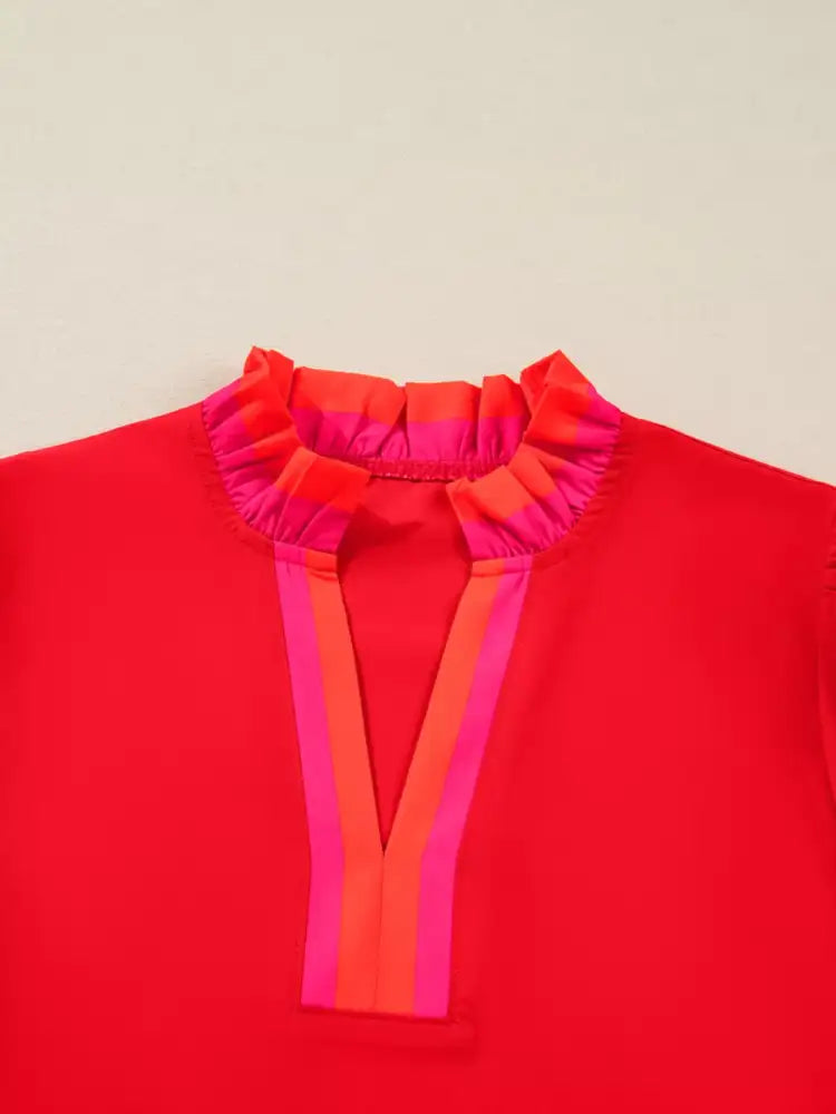 Striped Trim Ruffle Split Neck Long Sleeve Blouse